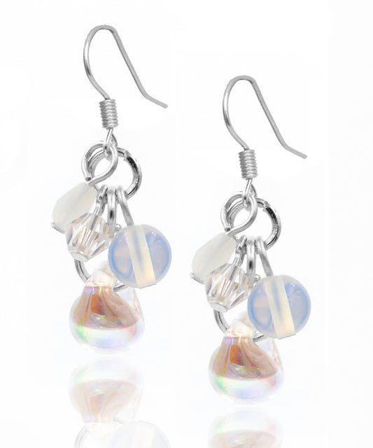 BESHEEK Sterling Silver, Moonstone and Rose PINK Glass Water Drop Cluster Dangle Earrings | Hypoallergenic Boho Beach Gala Wedding Style Fashion Earrings
