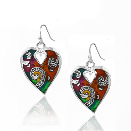 BESHEEK Handmade Rainbow & Silvertone Mosaic Heart Drop Earrings | Handmade Hypoallergenic Boho Beach Gala Wedding Style Fashion Earrings
