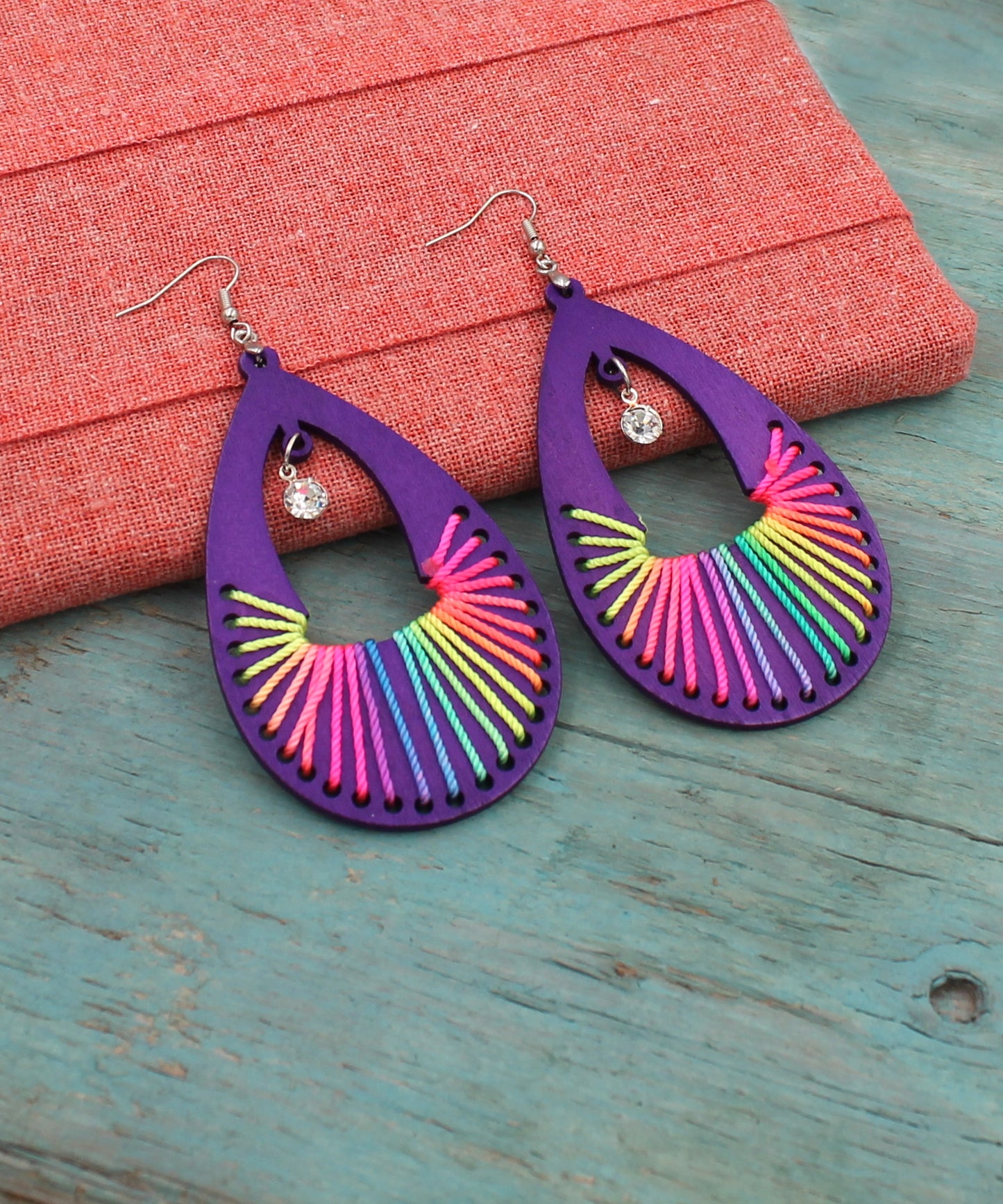 BESHEEK Teardrop RAINBOW purple threaded Wooden Earrings | Hypoallergenic Boho Beach Gala Wedding Style Fashion Earrings