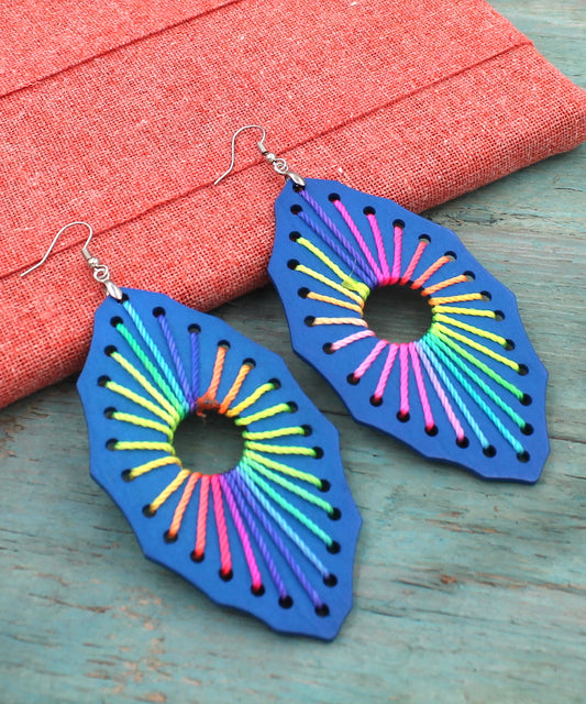 BESHEEK Cat Eye RAINBOW ROYAL BLUE threaded Wooden Earrings | Hypoallergenic Boho Beach Gala Wedding Style Fashion Earrings