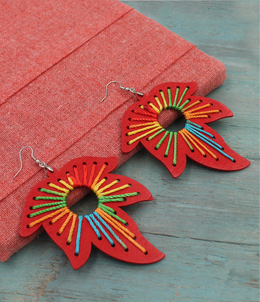 BESHEEK Boho RAINBOW RED threaded Wooden Maple Leaf Earrings | Hypoallergenic Boho Beach Gala Wedding Style Fashion Earrings