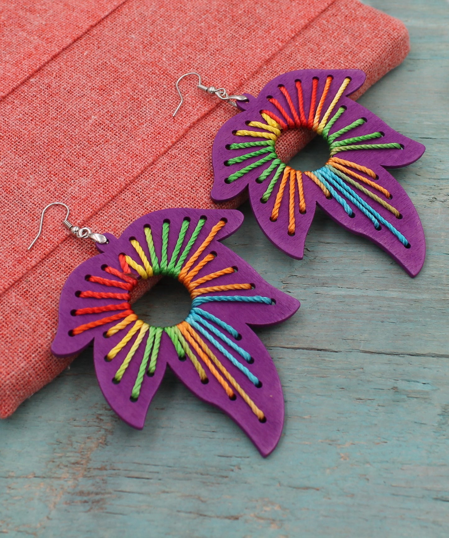 BESHEEK Boho RAINBOW PURPLE threaded Wooden Maple Leaf Earrings | Hypoallergenic Boho Beach Gala Wedding Style Fashion Earrings