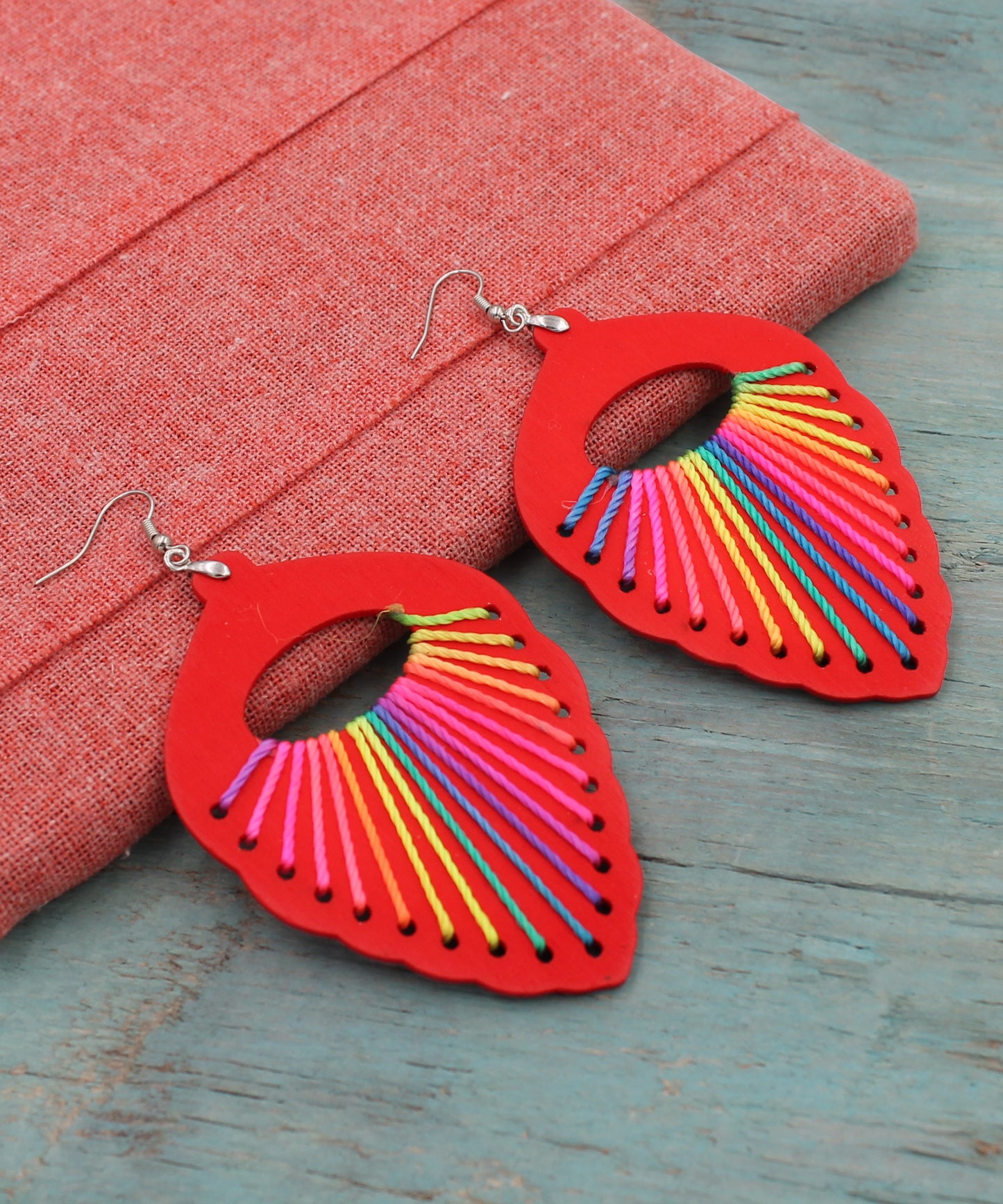 BESHEEK Boho RAINBOW RED threaded Wooden Leaf Earrings | Hypoallergenic Boho Beach Gala Wedding Style Fashion Earrings