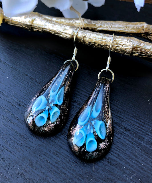 BESHEEK Sterling Silver Handmade Murano-inpired Lily in Teardrop Fused Glass Dangle Earrings | Hypoallergenic Boho Beach Gala Wedding Style Fashion Earrings