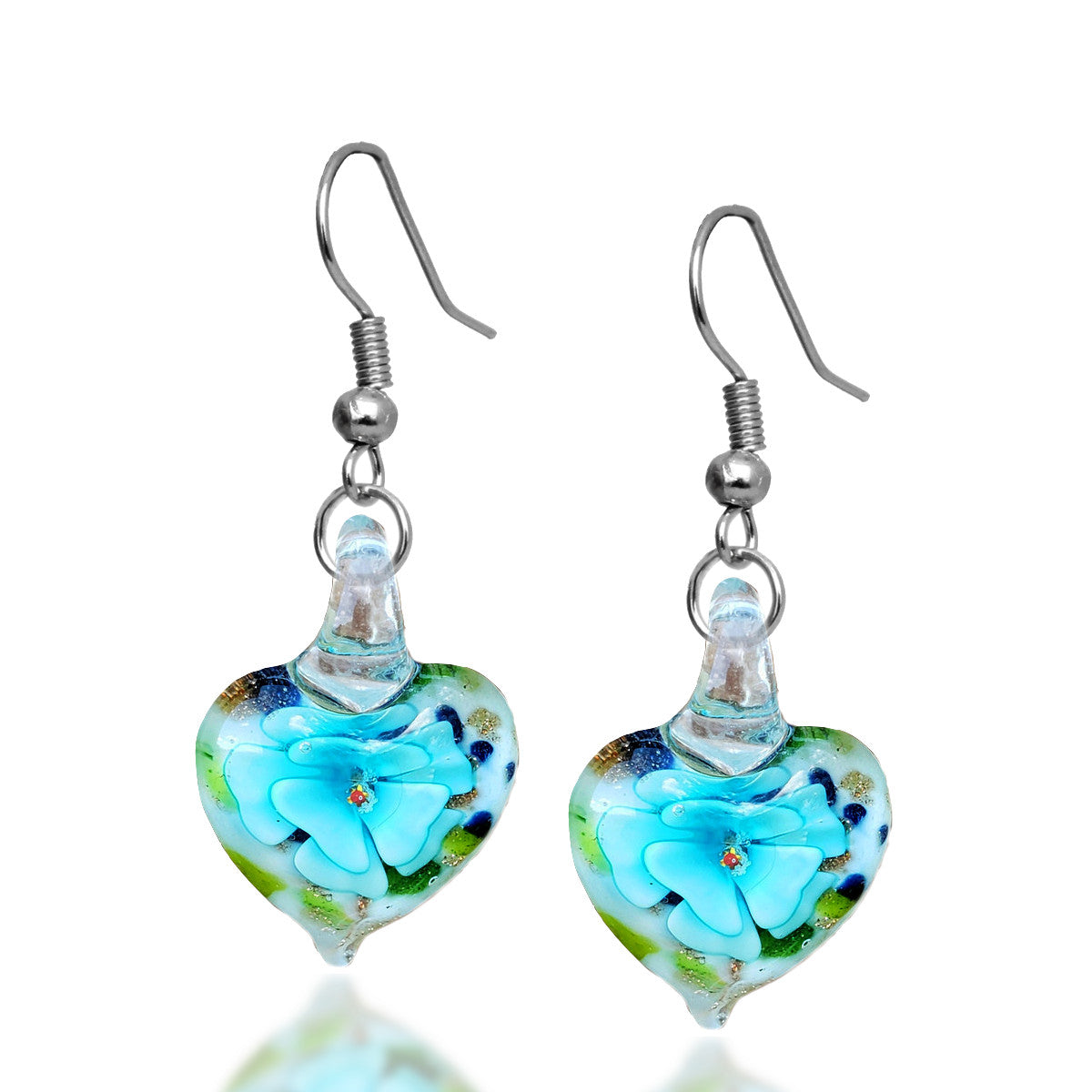 BESHEEK Sterling Silver Handmade Murano-inpired Blue Rose in Confetti Heart Fused Glass Dangle Earrings | Hypoallergenic Boho Beach Gala Wedding Style Fashion Earrings