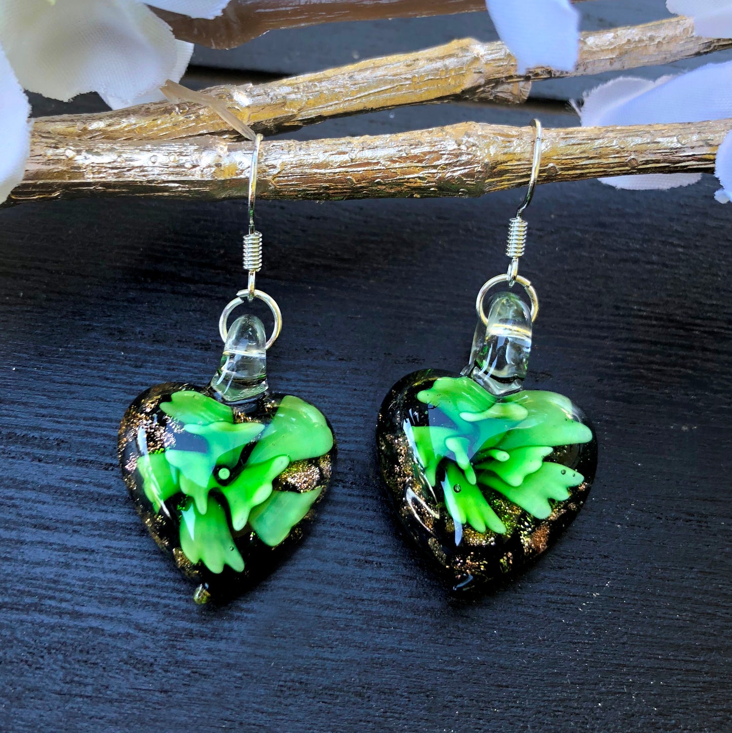 BESHEEK Sterling Silver Handmade Murano-inspired Green Flower in Heart Fused Glass Dangle Earrings | Hypoallergenic Boho Beach Gala Wedding Style Fashion Earrings