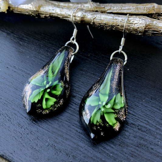 BESHEEK Handmade Murano-inpired Green Lily in Teardrop Fused Glass Dangle Earrings | Hypoallergenic Boho Beach Gala Wedding Style Fashion Earrings