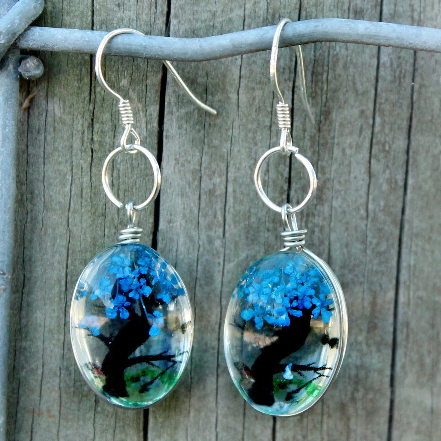 BESHEEK Handmade Sterling Silver Blue Tree Oval Glass Dangle Earrings | Handmade Hypoallergenic Boho Beach Gala Wedding Style Fashion Earrings