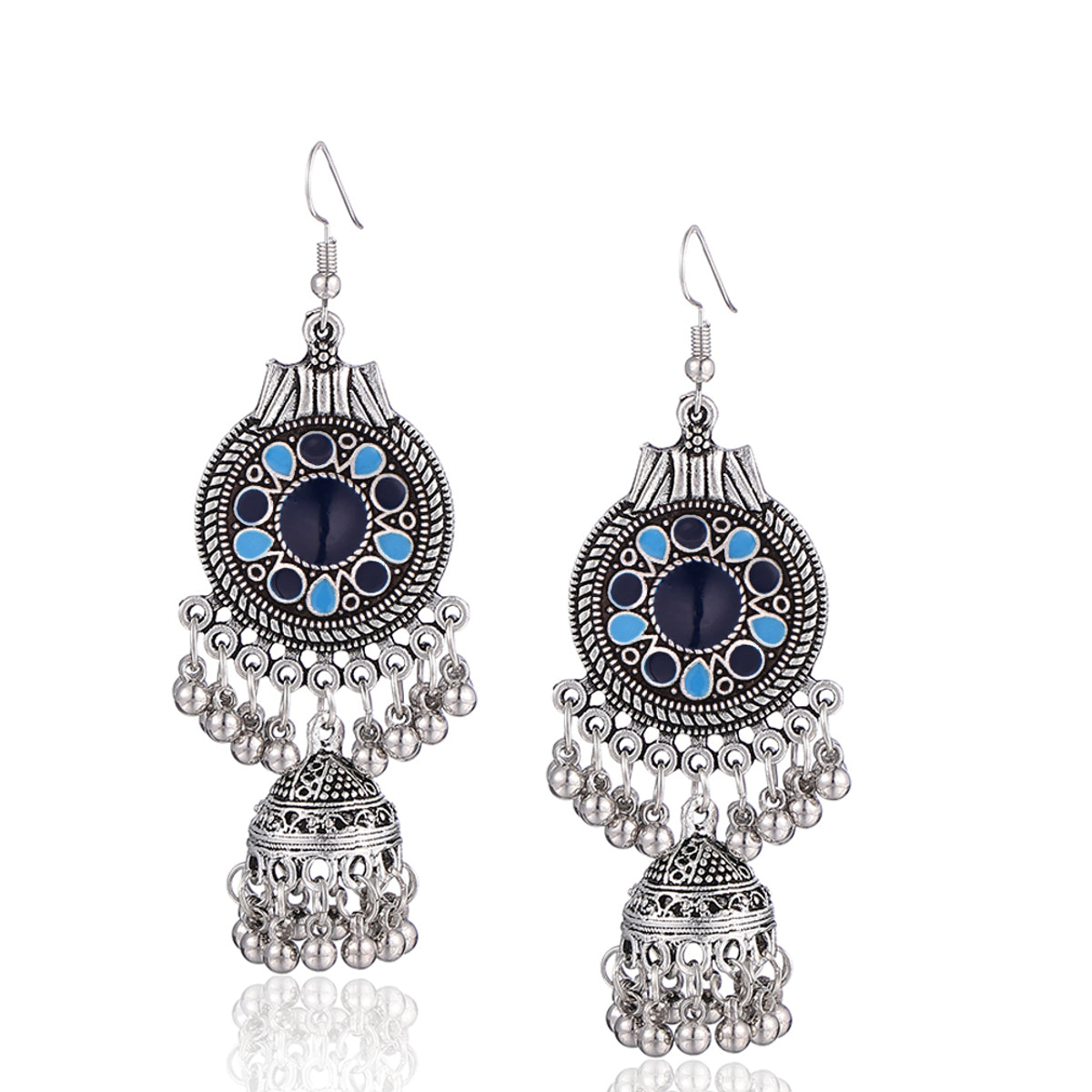 BESHEEK Silvertone BLUE Shield Jhumkai Tribal Earrings | Hypoallergenic Boho Beach Gala Wedding Style Fashion Earrings