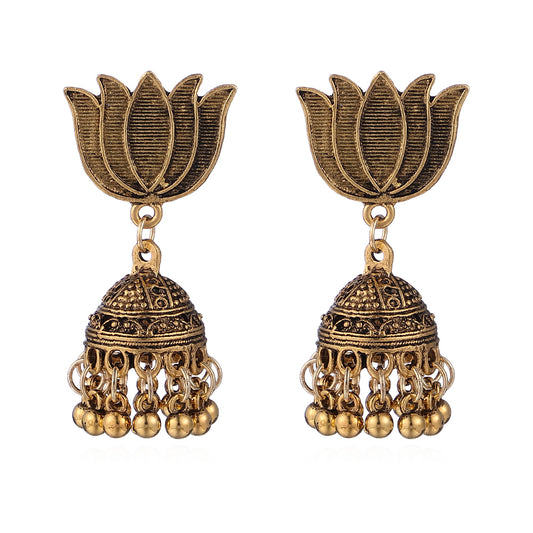 BESHEEK Goldtone Lotus Bali Jhumkai Tassel Drop Earrings | Hypoallergenic Boho Beach Gala Wedding Style Fashion Earrings