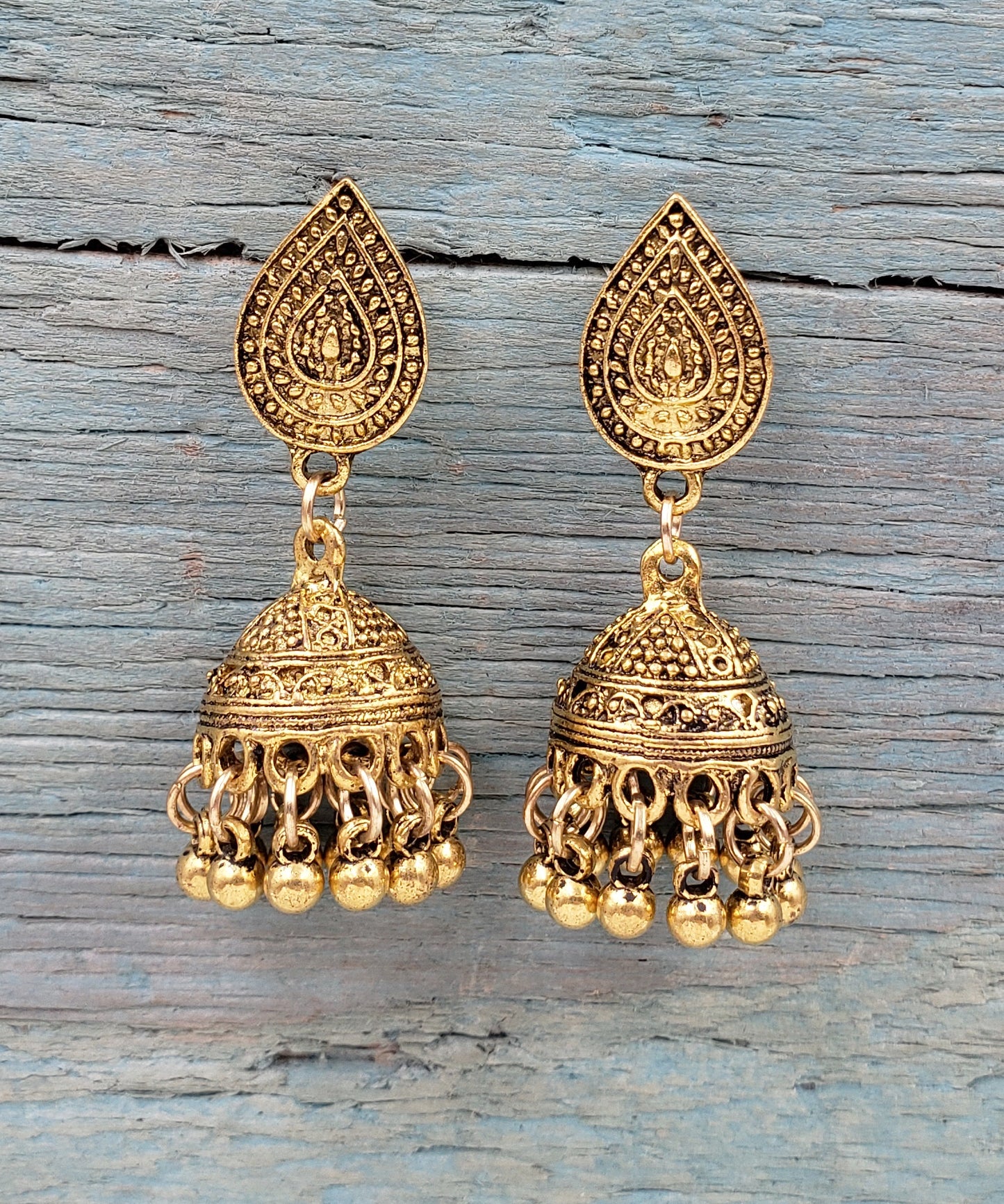 BESHEEK Antiqued Goldtone Teardrop Bali Jhumkai Tassel Drop Earrings | Hypoallergenic Boho Beach Gala Wedding Style Fashion Earrings