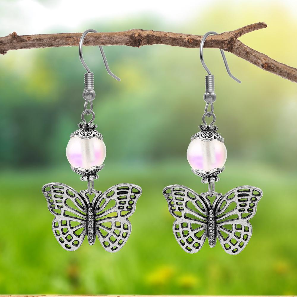 BESHEEK Silvertone Butterfly with Frosted Mermaid Clear Beaded Dangle Earrings | Handmade Hypoallergenic Boho Beach Gala Wedding Style Fashion Earrings
