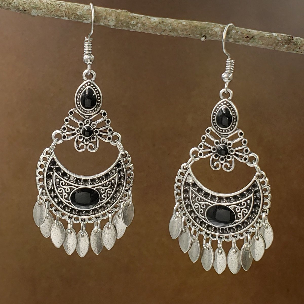 BESHEEK Handmade Silvertone & Black Drop Earrings | Handmade Hypoallergenic Boho Beach Gala Wedding Style Fashion Earrings