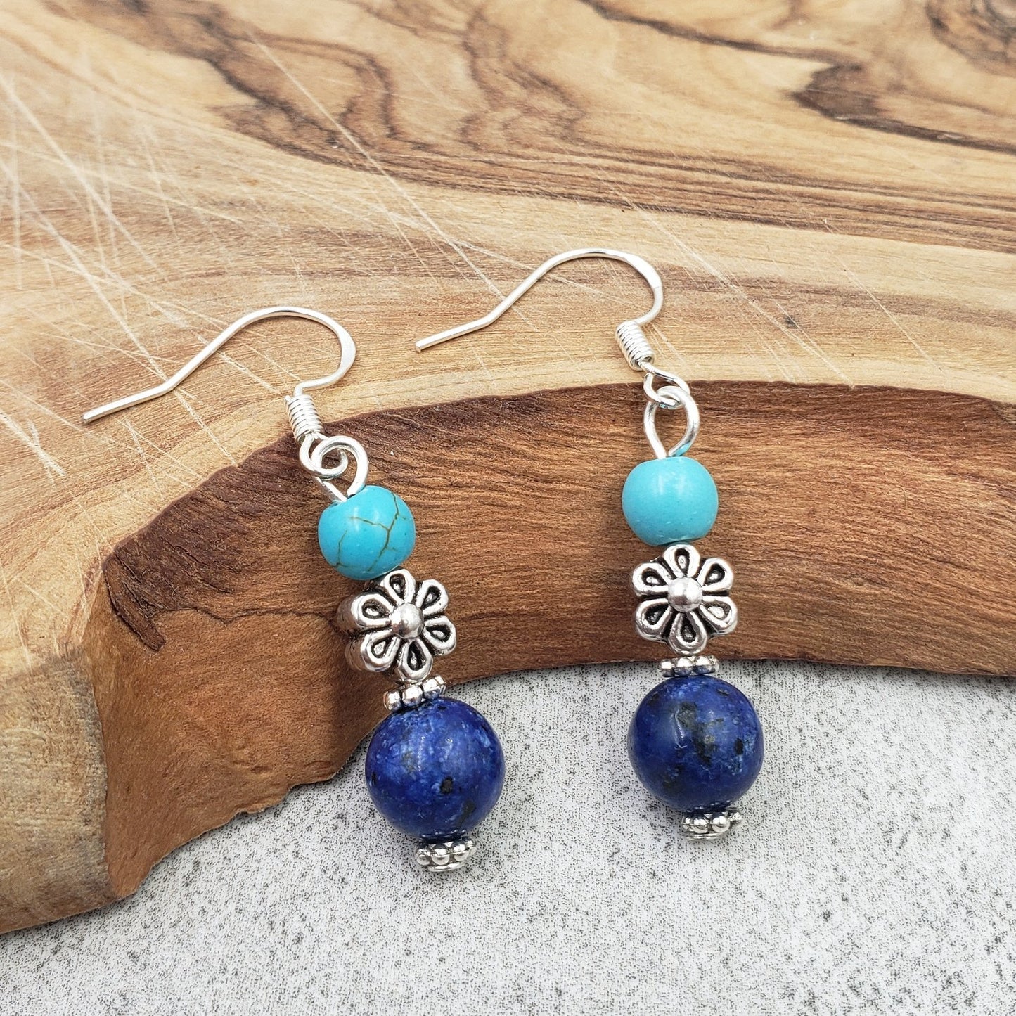 BESHEEK Sterling Silver Turquoise and Lapis Lazuli Dangle Earrings | Handmade Hypoallergenic Boho Beach Gala Wedding Style Fashion Earrings