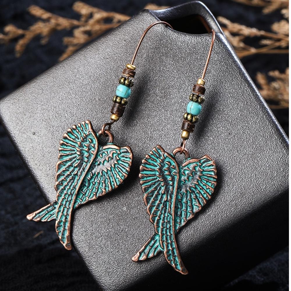 BESHEEK Handmade Light Blue & Patina Wing Drop Earrings | Handmade Hypoallergenic Boho Beach Gala Wedding Style Fashion Earrings