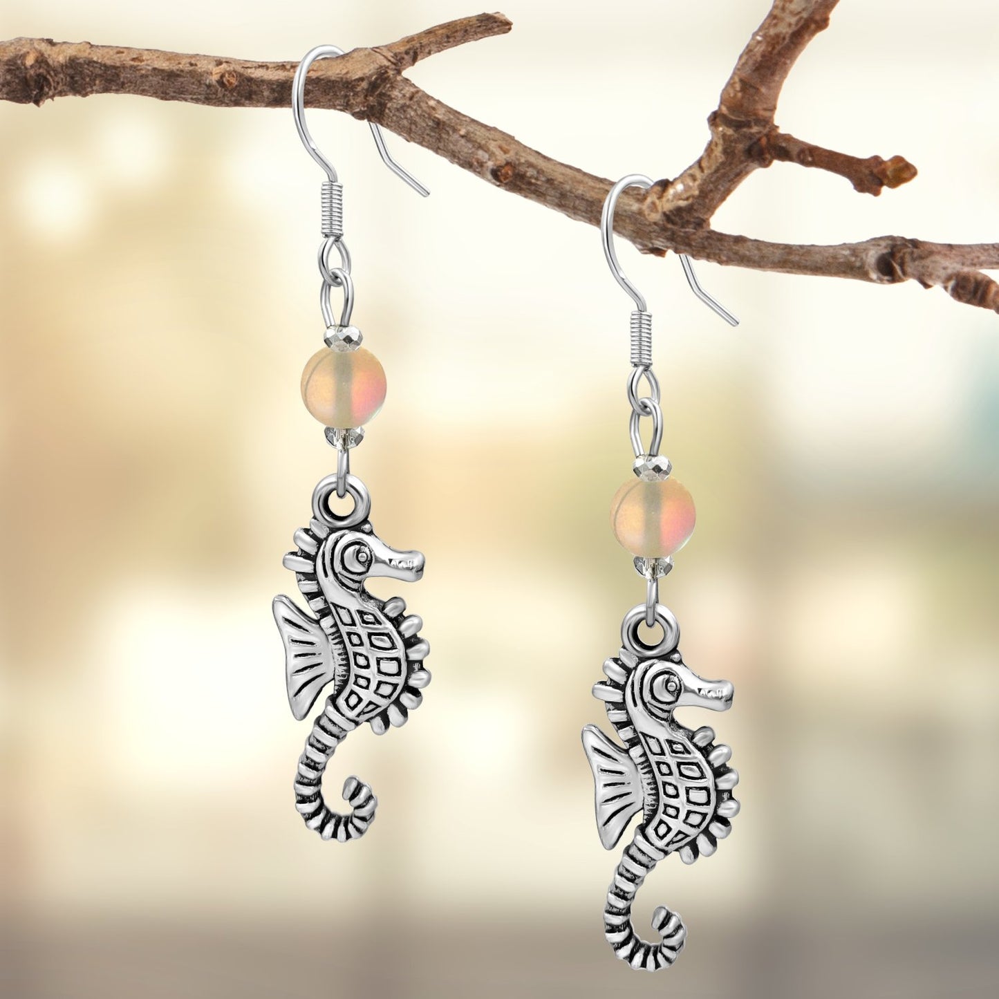 BESHEEK Sterling Silver and Mermaid Glass Seahorse Earrings | Handmade Hypoallergenic Boho Beach Gala Wedding Style Fashion Earrings