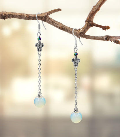 BESHEEK Sterling Silver and Moonstone Turtle Drop Earrings | Hypoallergenic Boho Beach Gala Wedding Style Fashion Earrings
