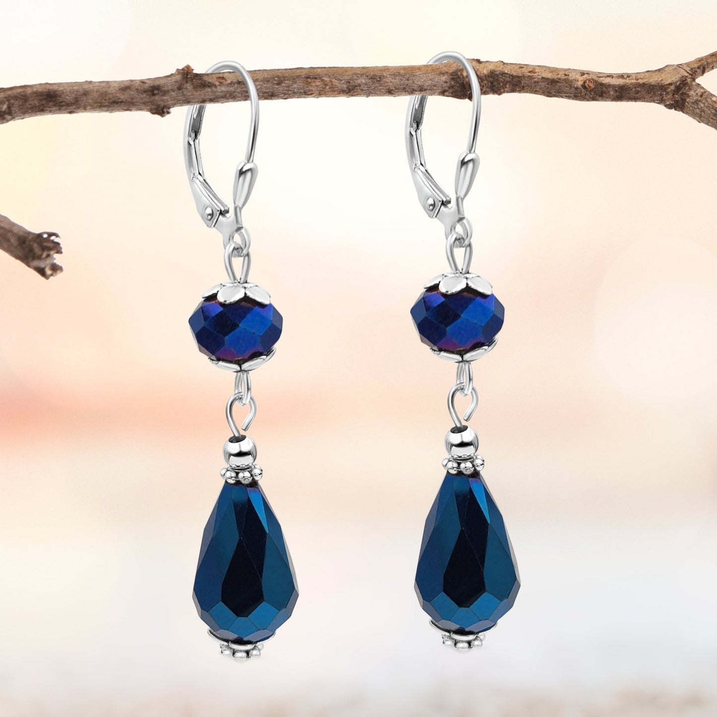 BESHEEK Luster Blue Crystal Glass Teardrop Leverback Earrings | Handmade Hypoallergenic Boho Beach Gala Wedding Style Fashion Earrings