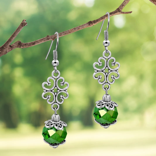 BESHEEK Sterling Silver Emerald Green Crystal Glass and Clover Dangle Earrings | Handmade Hypoallergenic Boho Beach Gala Wedding Style Fashion Earrings