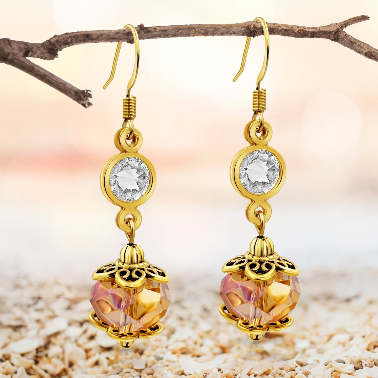 BESHEEK Goldtone, Rhinestone and Topaz Crystal Dangle Earrings | Handmade Hypoallergenic Boho Beach Gala Wedding Style Fashion Earrings
