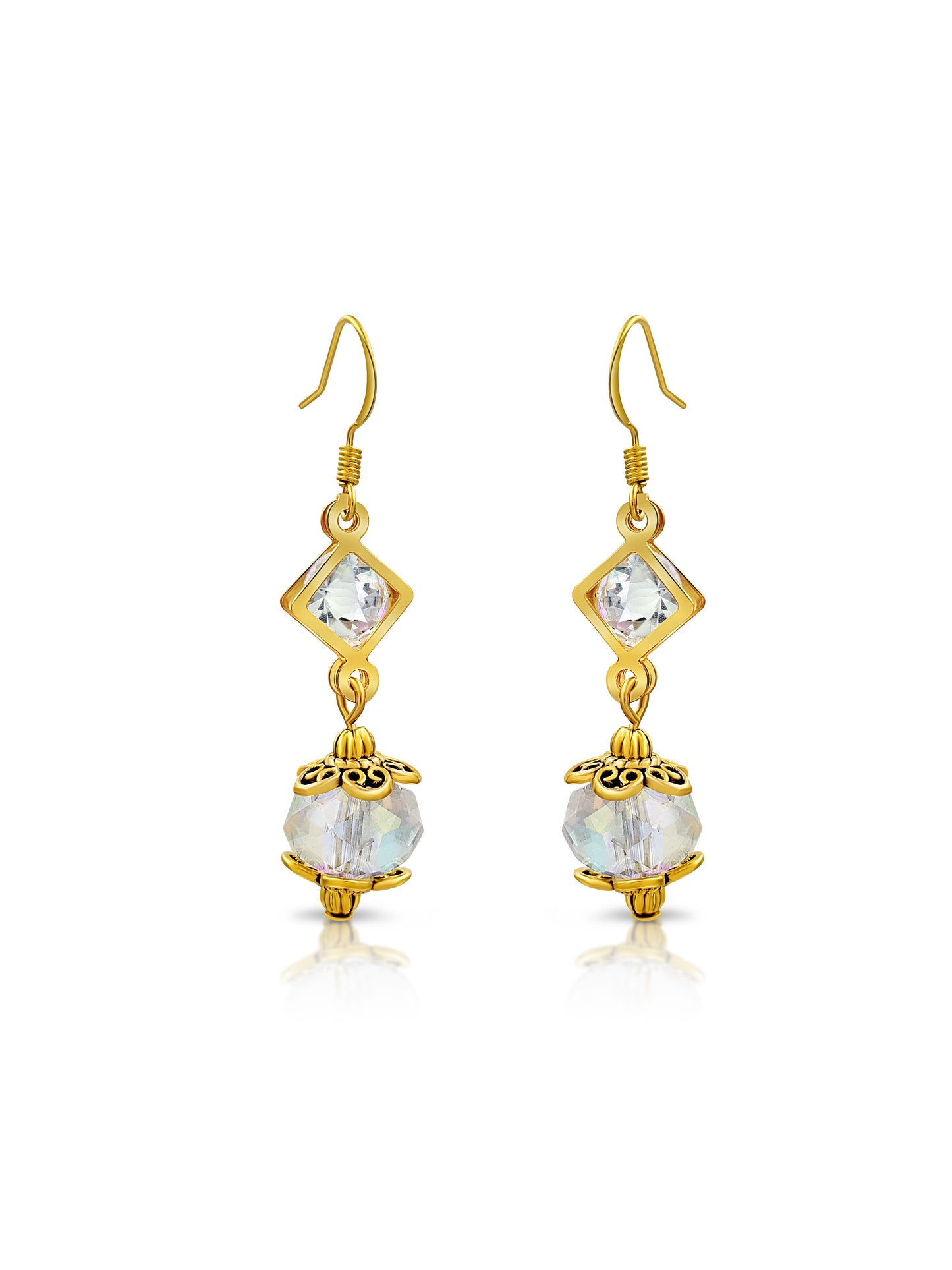 BESHEEK Goldtone and Clear Crystal Filigree Capped Dangle Earrings | Hypoallergenic Boho Beach Gala Wedding Style Fashion Earrings