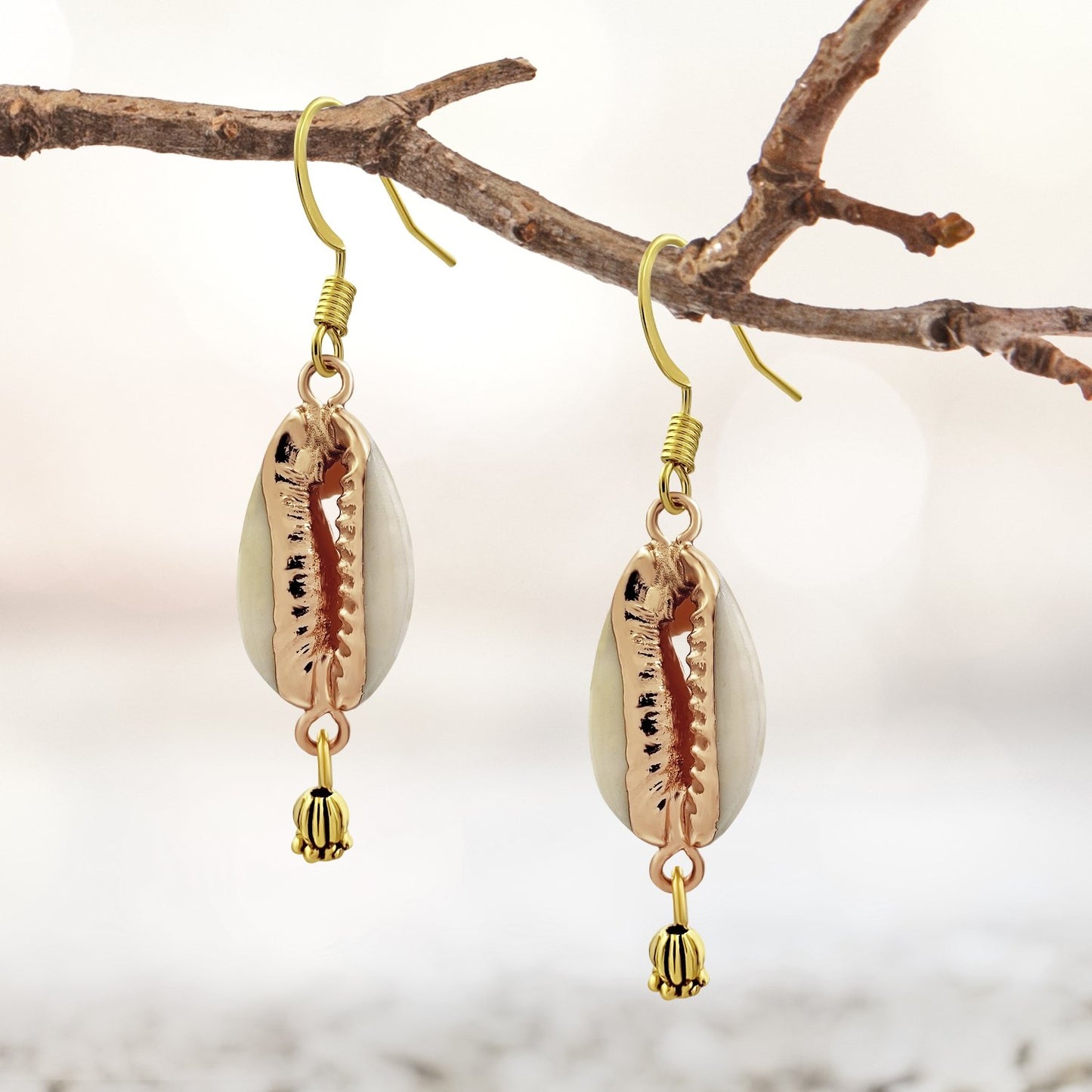 BESHEEK Goldtone Cowrie Shell Dangle Earrings | Handmade Hypoallergenic Boho Beach Gala Wedding Style Fashion Earrings