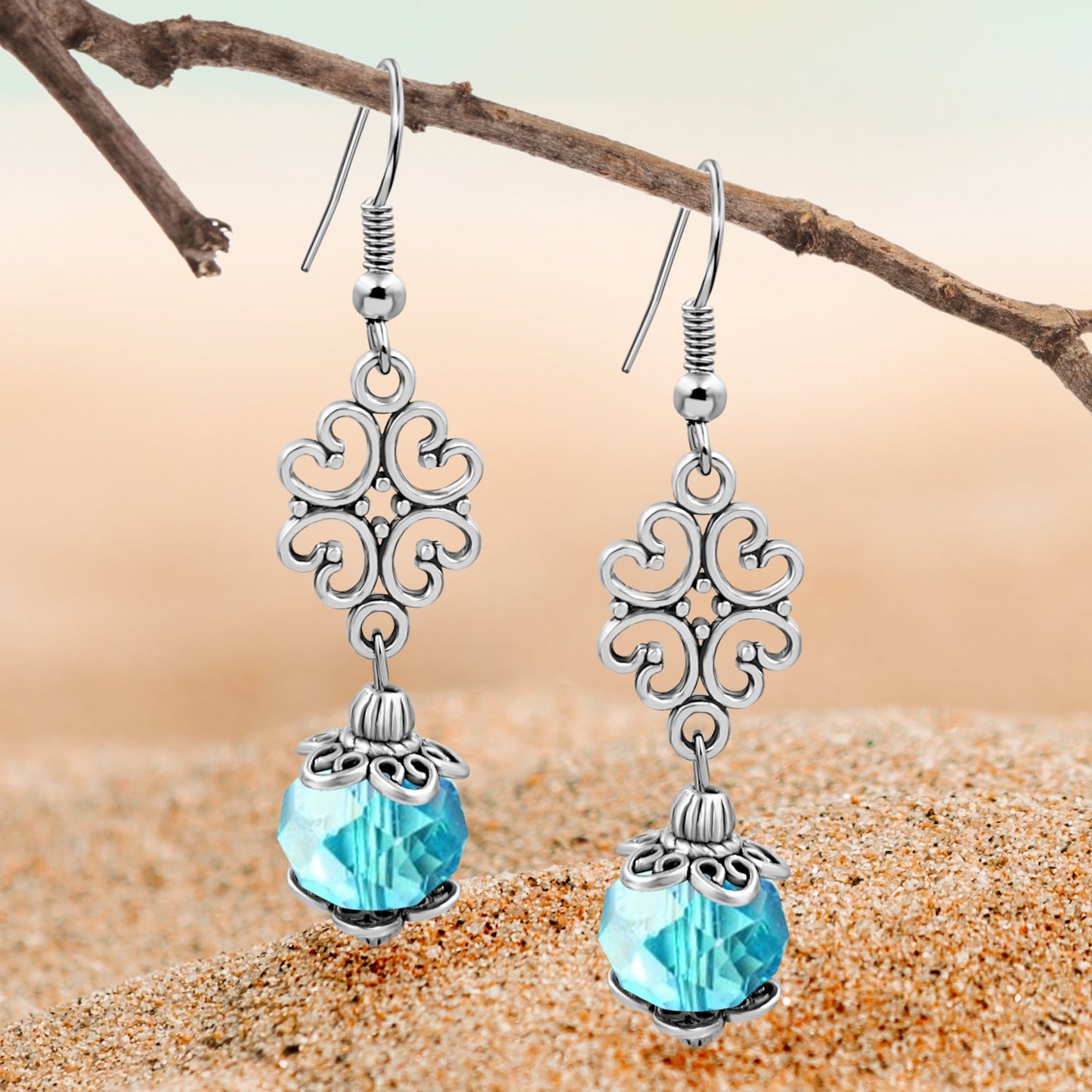 BESHEEK Silvertone Ornament and Aqua Crystal Dangle Earrings | Handmade Hypoallergenic Boho Beach Gala Wedding Style Fashion Earrings