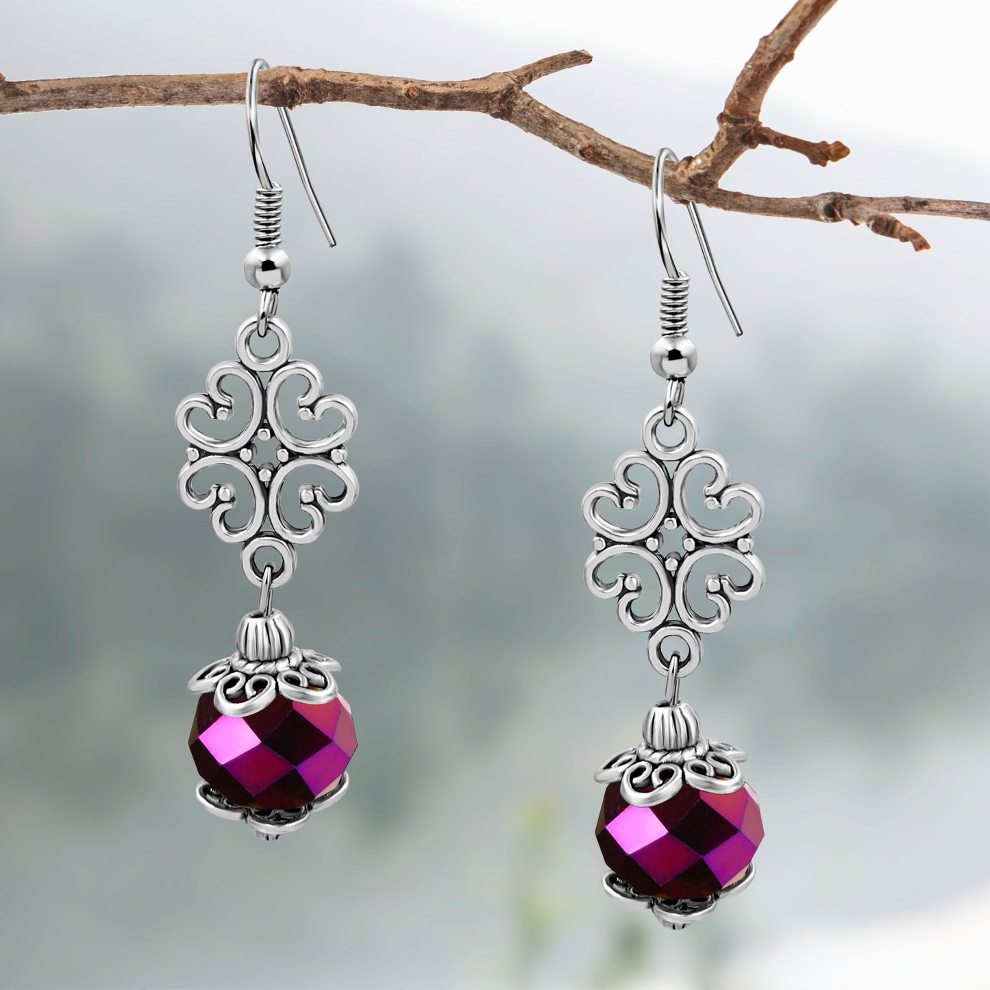 BESHEEK Silvertone Ornament and Luster Purple Crystal Dangle Earrings | Handmade Hypoallergenic Boho Beach Gala Wedding Style Fashion Earrings