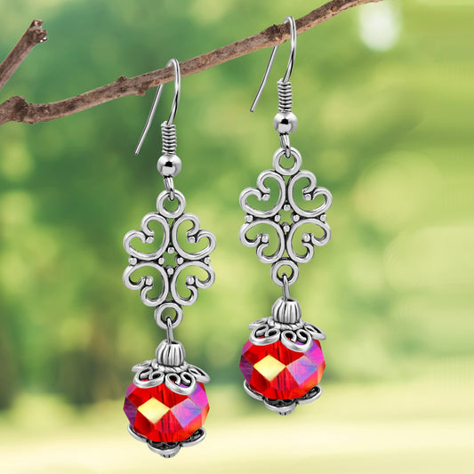 BESHEEK Silvertone Ornament and Red AB Crystal Dangle Earrings | Handmade Hypoallergenic Boho Beach Gala Wedding Style Fashion Earrings