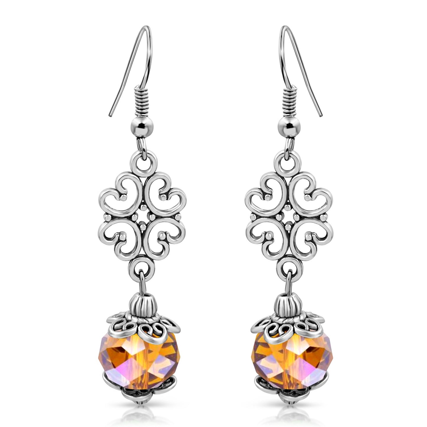 BESHEEK Silvertone Ornament and Clear Gold AB Crystal Dangle Earrings | Handmade Hypoallergenic Boho Beach Gala Wedding Style Fashion Earrings