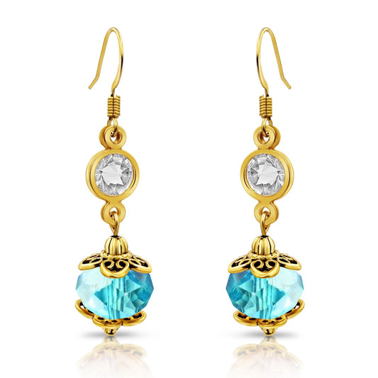 BESHEEK Goldtone and Aqua Crystal Dangle Earrings | Handmade Hypoallergenic Boho Beach Gala Wedding Style Fashion Earrings
