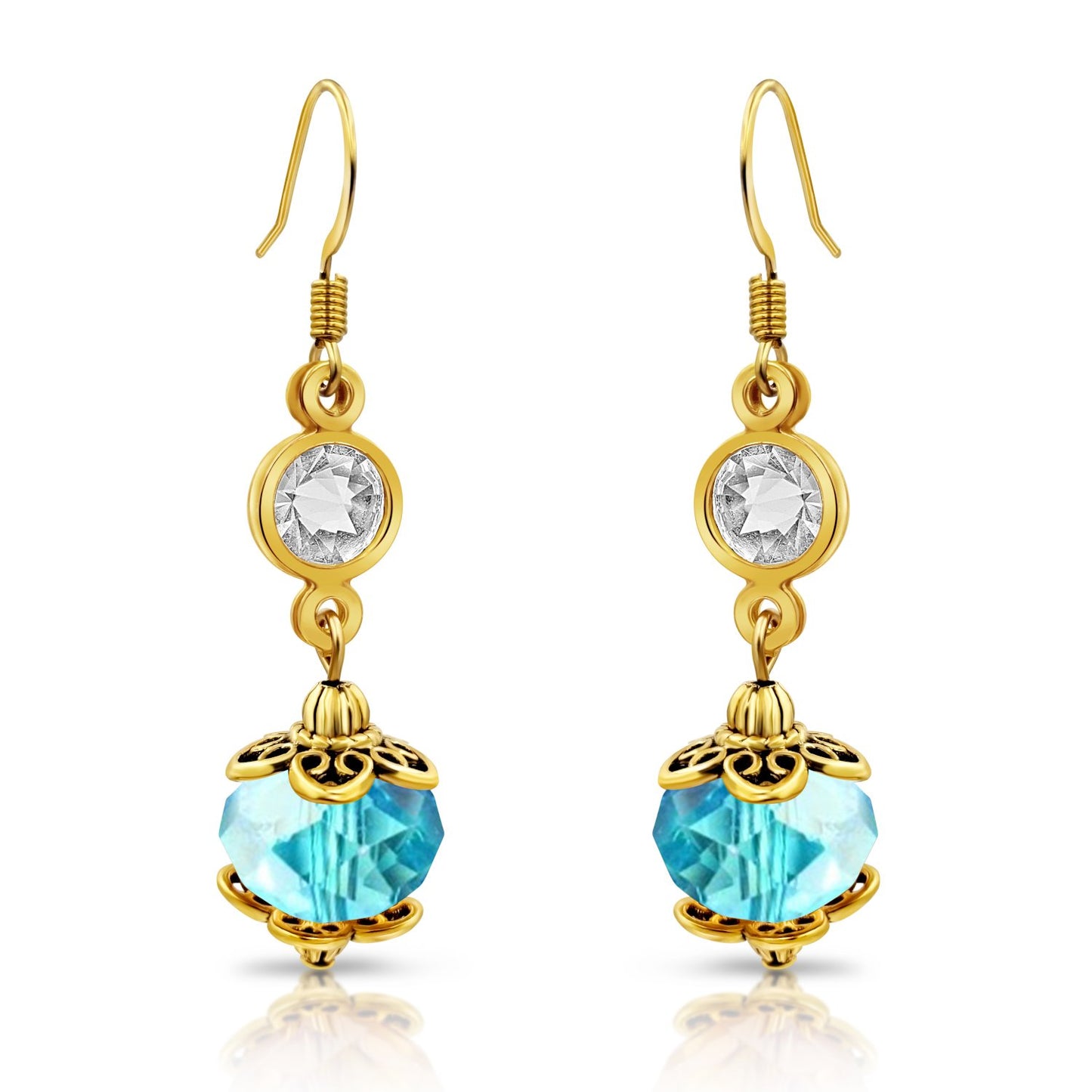 BESHEEK Goldtone and Aqua Crystal Dangle Earrings | Handmade Hypoallergenic Boho Beach Gala Wedding Style Fashion Earrings
