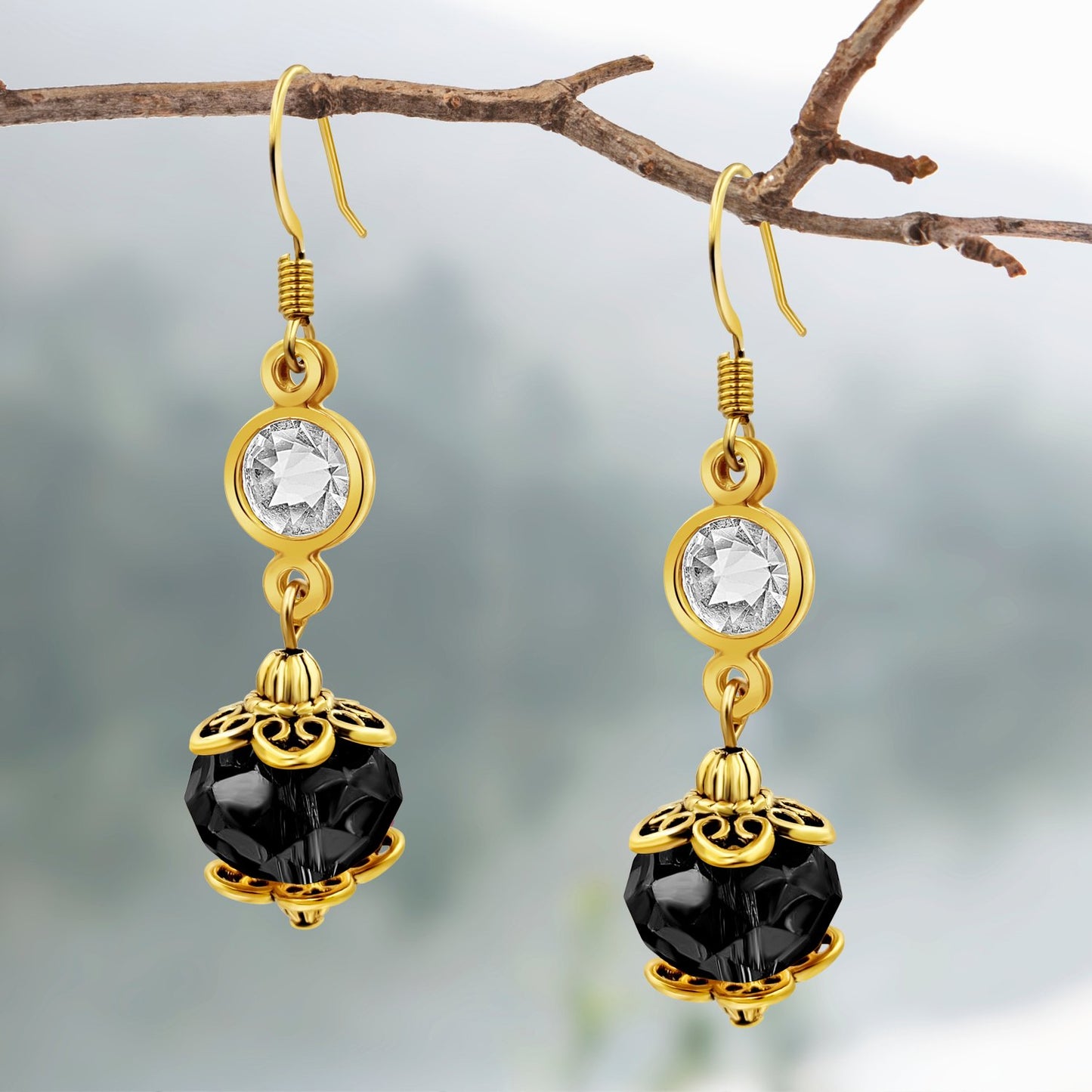 BESHEEK Goldtone and Black Crystal Dangle Earrings | Handmade Hypoallergenic Boho Beach Gala Wedding Style Fashion Earrings