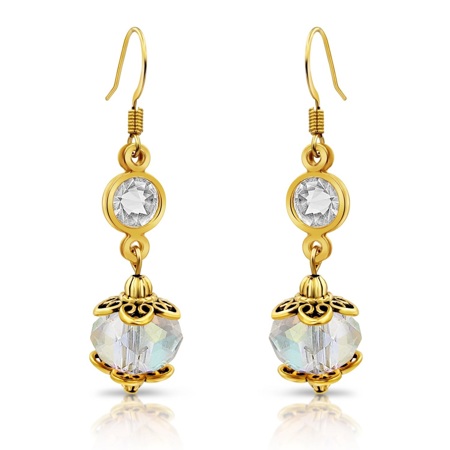 BESHEEK Goldtone and Clear AB Crystal Dangle Earrings | Handmade Hypoallergenic Boho Beach Gala Wedding Style Fashion Earrings