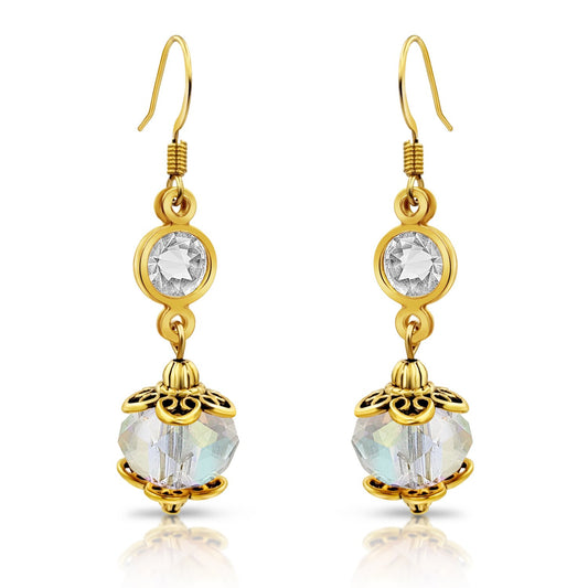 BESHEEK Goldtone and Clear AB Crystal Dangle Earrings | Handmade Hypoallergenic Boho Beach Gala Wedding Style Fashion Earrings