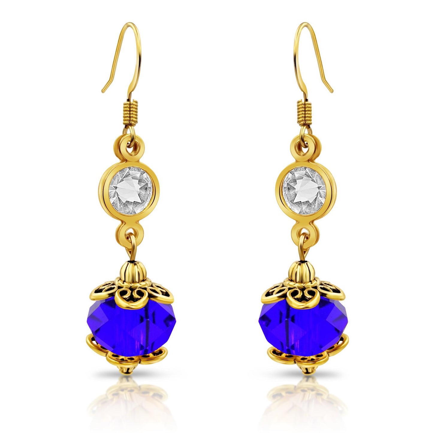 BESHEEK Goldtone and Cobalt Blue Crystal Dangle Earrings | Handmade Hypoallergenic Boho Beach Gala Wedding Style Fashion Earrings