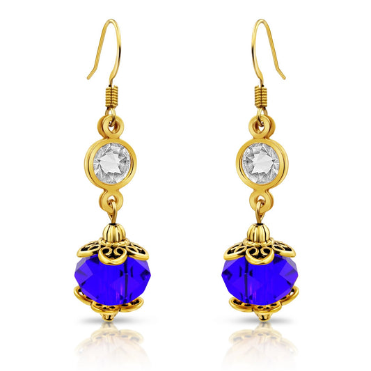 BESHEEK Goldtone and Cobalt Blue Crystal Dangle Earrings | Handmade Hypoallergenic Boho Beach Gala Wedding Style Fashion Earrings