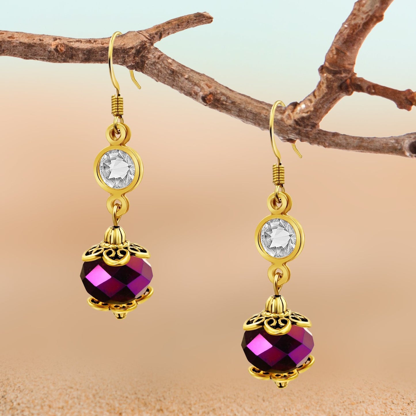 BESHEEK Goldtone and Luster Purple Crystal Dangle Earrings | Handmade Hypoallergenic Boho Beach Gala Wedding Style Fashion Earrings