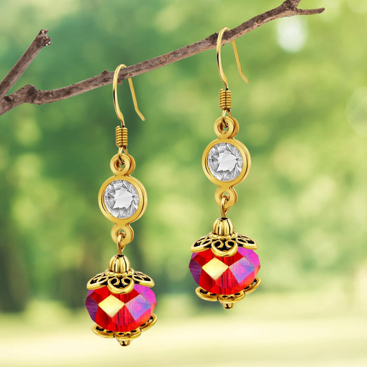 BESHEEK Goldtone and Red Crystal Dangle Earrings | Handmade Hypoallergenic Boho Beach Gala Wedding Style Fashion Earrings