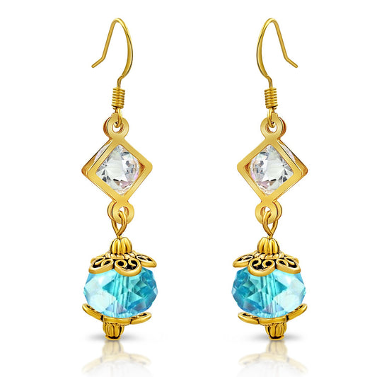 BESHEEK Goldtone Diamond and Aqua Crystal Dangle Earrings | Handmade Hypoallergenic Boho Beach Gala Wedding Style Fashion Earrings