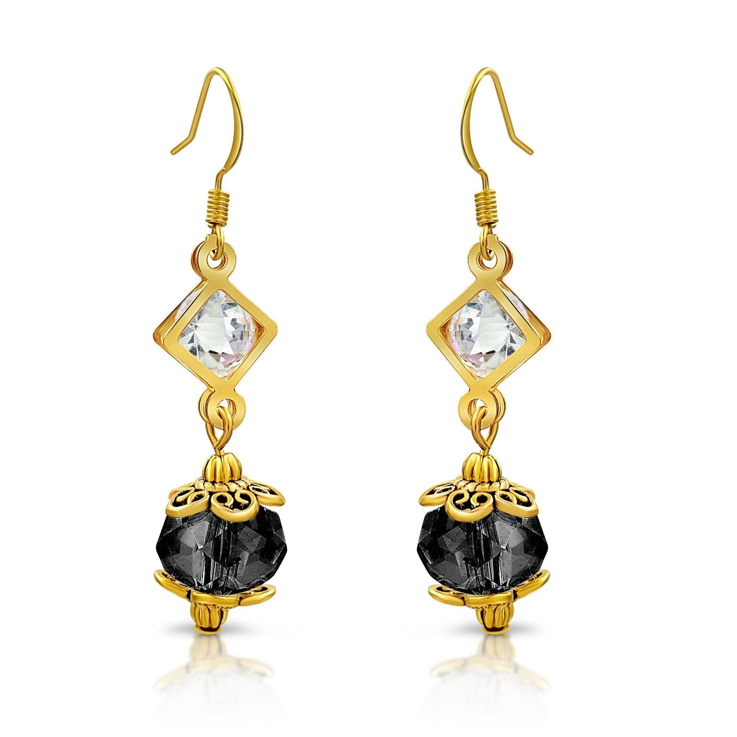 BESHEEK Goldtone Diamond and Black Crystal Dangle Earrings | Handmade Hypoallergenic Boho Beach Gala Wedding Style Fashion Earrings