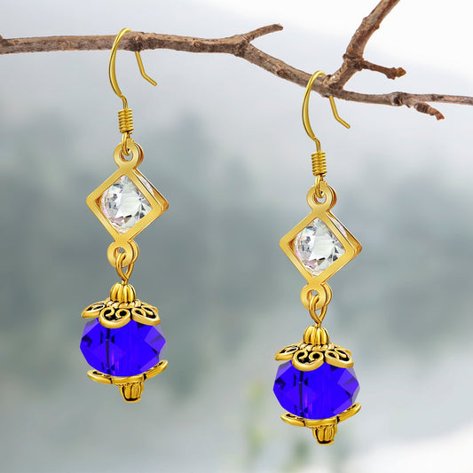 BESHEEK Goldtone Diamond and Cobalt Blue Crystal Dangle Earrings | Handmade Hypoallergenic Boho Beach Gala Wedding Style Fashion Earrings