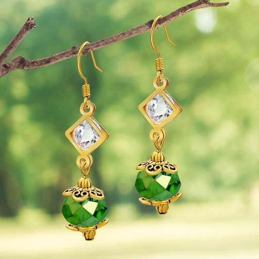 BESHEEK Goldtone Diamond and Green Crystal Dangle Earrings | Handmade Hypoallergenic Boho Beach Gala Wedding Style Fashion Earrings