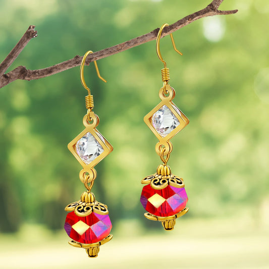 BESHEEK Goldtone Diamond and Red Crystal Dangle Earrings | Handmade Hypoallergenic Boho Beach Gala Wedding Style Fashion Earrings
