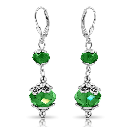 BESHEEK Silvertone Stainless Steel Green Crystal Leverback Dangle Earrings | Handmade Hypoallergenic Boho Beach Gala Wedding Style Fashion Earrings