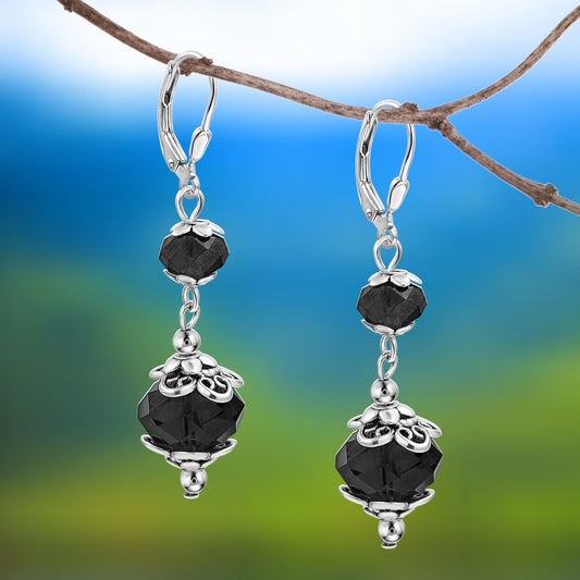 BESHEEK Silvertone Stainless Steel Black Crystal Leverback Dangle Earrings | Handmade Hypoallergenic Boho Beach Gala Wedding Style Fashion Earrings