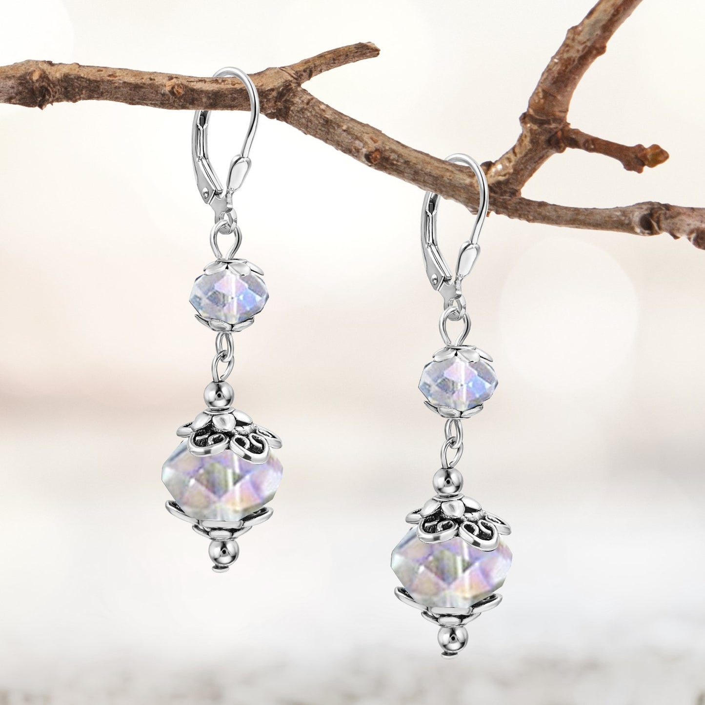 BESHEEK Silvertone Stainless Steel Clear AB Crystal Leverback Dangle Earrings | Handmade Hypoallergenic Boho Beach Gala Wedding Style Fashion Earrings