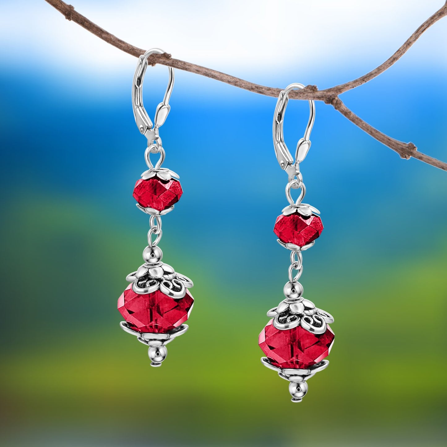 BESHEEK Silvertone Stainless Steel Red Crystal Leverback Dangle Earrings | Handmade Hypoallergenic Boho Beach Gala Wedding Style Fashion Earrings