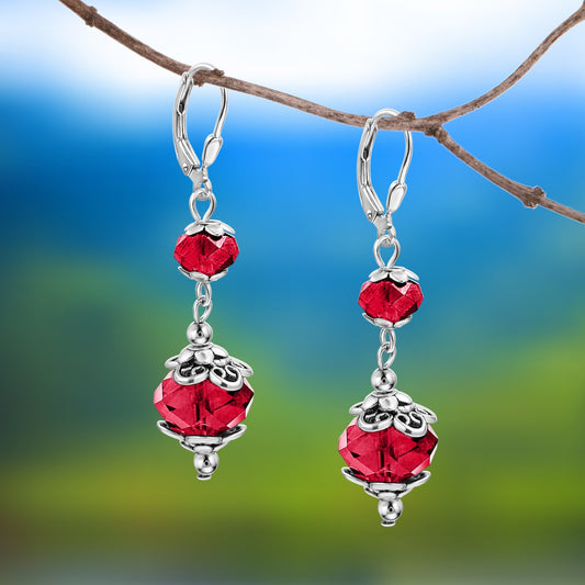 BESHEEK Silvertone Stainless Steel Red Crystal Leverback Dangle Earrings | Handmade Hypoallergenic Boho Beach Gala Wedding Style Fashion Earrings