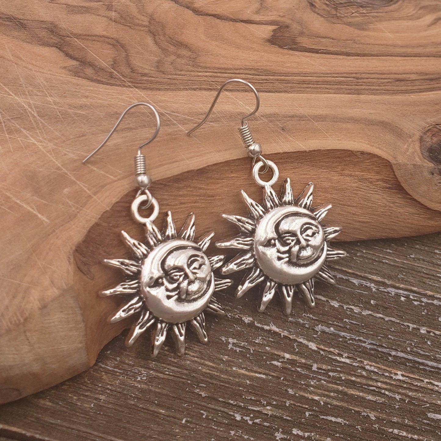 BESHEEK Antique Silver Sun and Moon Face Earrings | Handmade Hypoallergenic Boho Beach Gala Wedding Style Fashion Earrings